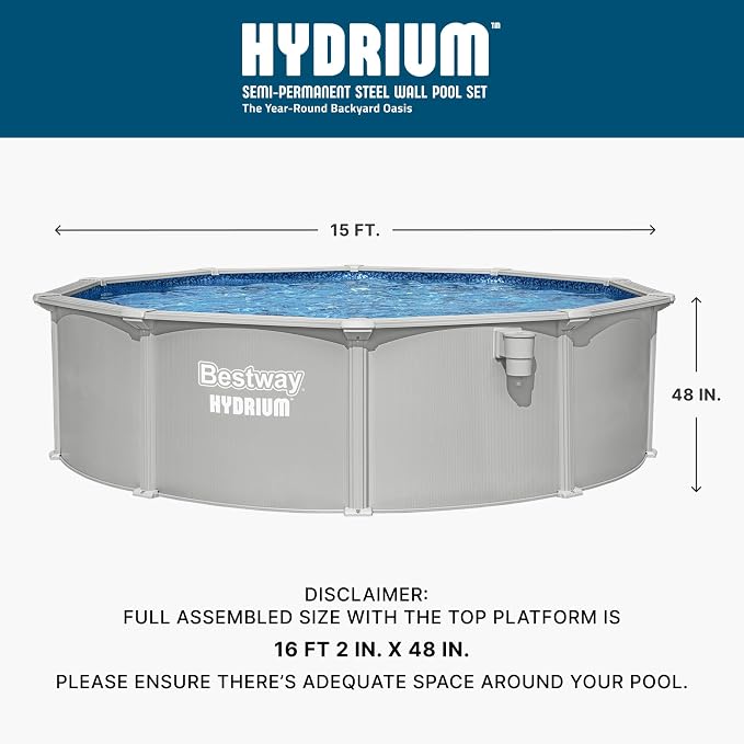 Bestway Hydrium 15' x 48" Above Ground Pool, Round Steel Side Wall Frame Outdoor Swimming Pool Set with Sand Filter Pump, Polysphere Filtration Balls, Ladder & Accessories