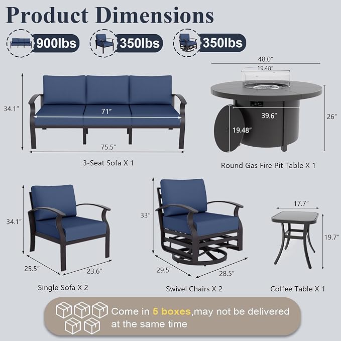 ALAULM Aluminum Patio Furniture Set with Coffee Table Rectangular, 5-seat Outdoor Sectional Furniture w/2 Swivel Chairs, Patio Conversation Set for Porch, Backyard, Poolside-Grey