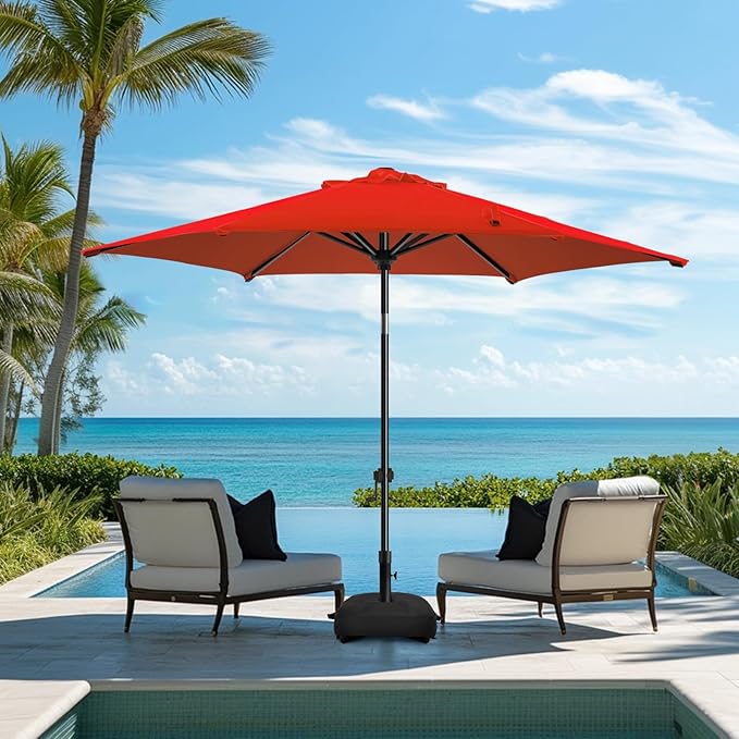 wikiwiki 7.5FT Patio Umbrella with Base, Outdoor Umbrellas with Base Included, 6 Sturdy Ribs, Waterproof Fade Resistant POLYESTER DTY Canopy for Deck, Lawn, Garden, Backyard & Pool, Red