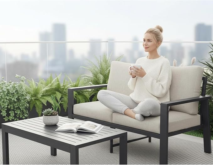 Aluminum Outdoor Loveseat with Coffee Table Small Furniture Patio Love Seat Couch Outdoor Chairs with 4" Cushion Loveseats Sofa for Poolside,Balcony,Deck,Yard