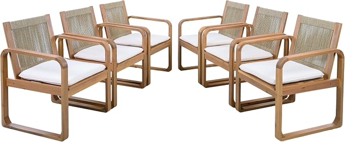 Christopher Knight Home Trazy Acacia Wood Outdoor Dining Set for 6, Patio Dining Table Set for 6, Outdoor Dining Table and Sled Base, Dining Chairs with Cushion + Rope Backrest, Teak + Brown + Beige