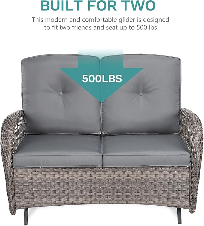 MEETWARM 5 Pieces Outdoor Patio Rattan Furniture Sets, All Weather Patio Wicker Conversation Set - 2 Rocking Swivel Chairs 1 Rattan Loveseat Glider w/Cushions, 2 Glass-Top Coffee Table, Gray
