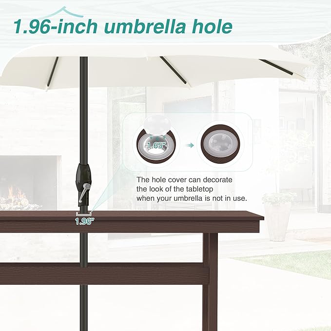 7 Piece Patio Dining Set, 66" Rectangle HDPS Weather Resistant Outdoor Table & 6 Patio Chairs Set with 1.96" Umbrella Hole, Heavy Duty Chairs for Backyard Deck, Dark Brown