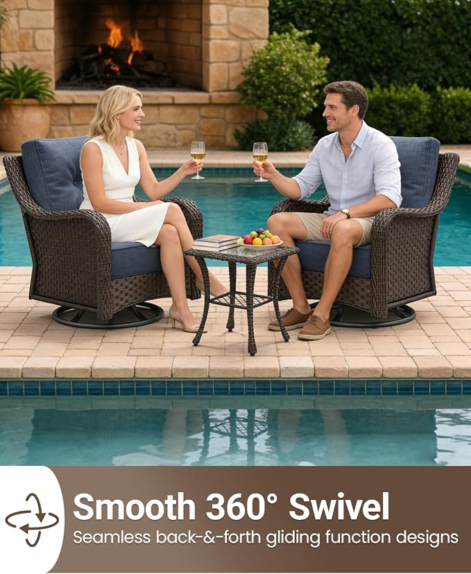 10 Pieces Outdoor Furniture Set with 6-inch Cushions, High Back Wicker Swivel Rocker Chairs with Fire Pit Table, Luxury Conversation Set for Deck Patio and Poolside