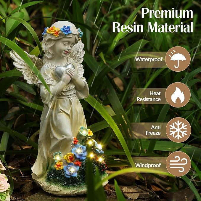 Angel Garden Statue 2Pcs,Love Heart Solar Decor with Warm Light | Waterproof Praying Angel Statue with Flowers,Outdoor Garden Decor Sculpture for Lawn Yard Patio Garden Present, Apricot