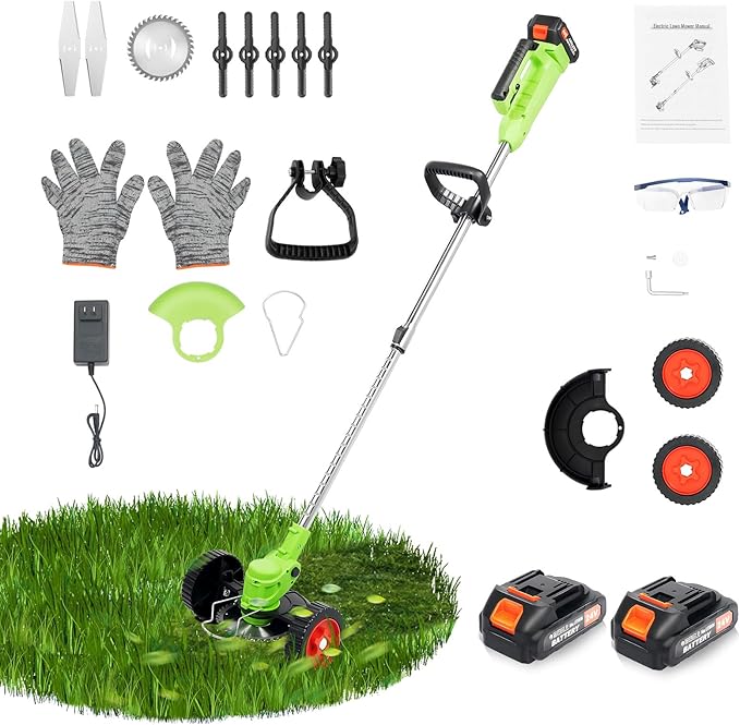 Cordless Grass Trimmer, 650W Electric Weed Wacker with 2 Batteries & Charger, 24V Battery Powered Lawn Mower with U-Shaped Handle, Adjustable Telescopic Pole & 90° Flip Head for Yard, 34.65-49.21in