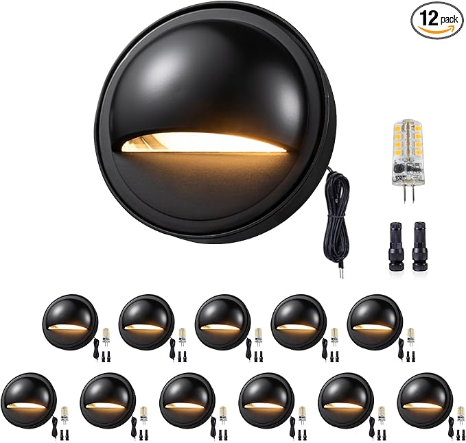 Gardenreet Landscape LED Step Lights - Solid Brass Low Voltage Deck Lights, Outdoor 12V Hardwired IP65 Waterproof Black for Wall Garden Stair with 3000K Soft White 3W 270LM G4 Bulb 12 Pack