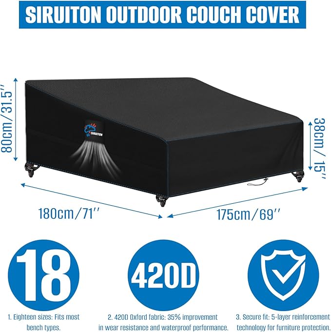 SIRUITON Garden Patio Rattan Daybed Cover Patio Bed Cover 69" W x 71" D x 31.5" H,Heavy Duty 420D Oxford Waterproof Outdoor Double Sofa/Patio Bed Lounger Covers