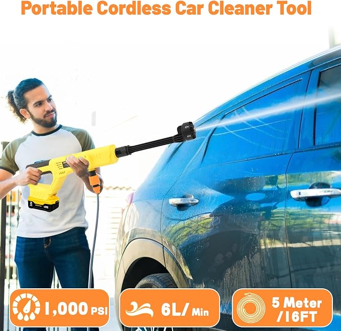 Cordless Cleaner Tool for Dewalt 20V Max Battery, Portable Handheld Car Cleaner 1000PSI with 6-in-1 Nozzle & 16.5FT Drain Hose for Patio Car Floor Fence Deck Indoor(Battery Not Included)