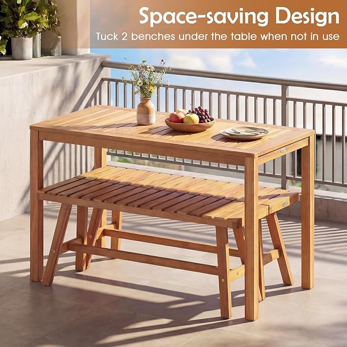 Tangkula 3 Pieces Acacia Wood Patio Dining Set, Outdoor Rectangular Table and Benches with Slatted Seats, Space-Saving Outside Furniture Set for Deck, Lawn, Garden and Backyard