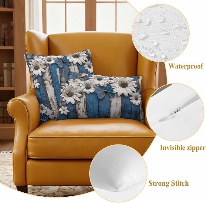 Blue White Daisy Waterproof Outdoor Pillow Covers Set of 2 Home Decor, Vintage Farmhouse Butterfly Floral Wood Pillowcase Patio Pillow Covers for Couch Bench Furniture Garden 20x12in