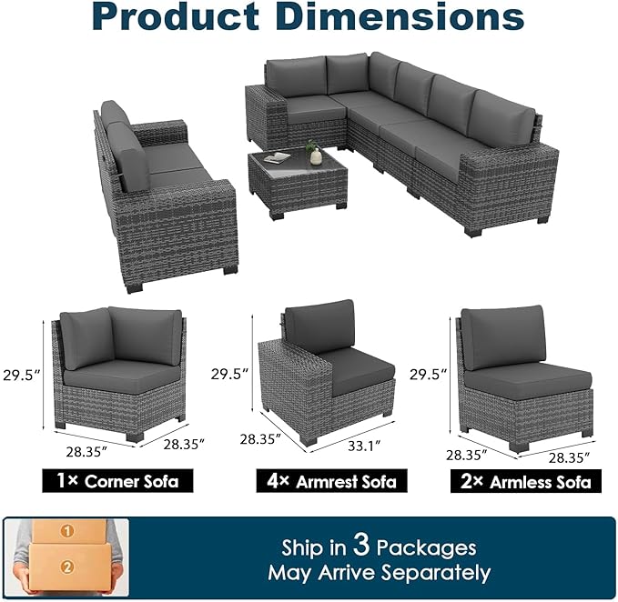 Patio Furniture Set, 8 Pieces Outdoor Sectional Sofa Conversation Sets with Waterproof Cover Modern Wicker Seating Set, 4'' Thickened Cushions 1 Glass Coffee Table 2 Armless Sofas, Grey