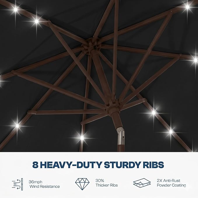 10FT Solar Lighted Patio Umbrella, Outdoor Table Market Umbrellas with Push Button Tilt and Crank, 32 LED Lights, 8 Sturdy Ribs, UV-Resistant for Deck, Garden, Pool
