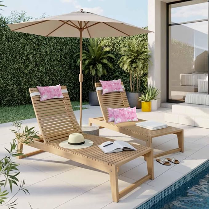 Tropical Palm Tree Outdoor Pillows for Chaise Lounge Chair Waterproof Lumbar Pillows with Insert&Adjustable Strap Beach Headrest Pillow Magenta Pink Plants Coastal Leaf Beach Pool Pillow 11"x16"