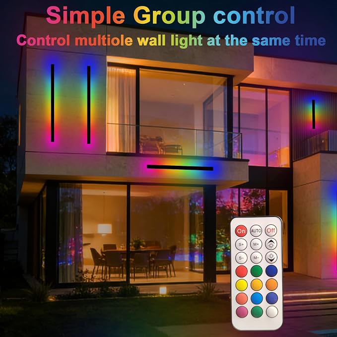 RGB Outdoor Wall Lights, Ip65 Waterproof Linear Led Modern Wall Sconce, 7 Colors and 358 Light Effects, Dimmable with Remote Modern Linear Exterior Light Fixture 47.25 inch (1 Pack)