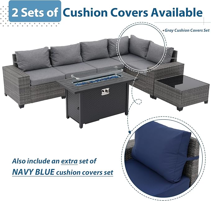 JOIVI 7-Piece Outdoor Set with Fire Pit Table - Versatile Wicker Sofa Set Arrangement with Blue Glass Beads & Safety Features, 2 Color Cushion Covers Available, Ideal for Outdoor Entertainment