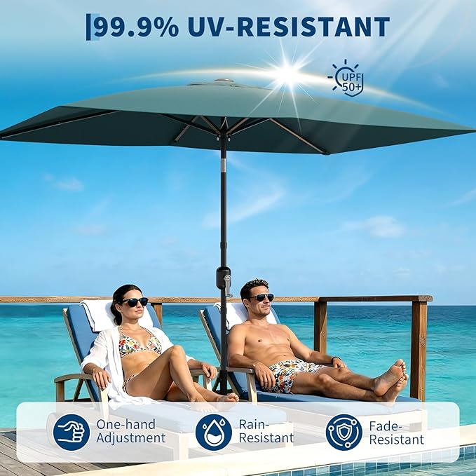 Garvee 10' x 6.5' Rectangular Patio Umbrella, Outdoor Table Umbrella with Crank and Push Button Tilt, Market Umbrella Sun Umbrella with 6 Sturdy Ribs Tilt for Garden, Deck, Lawn, Pool -Turquoise