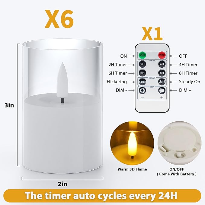 VIODAIM 6Pack Flickering Flameless LED Candles with Remote & Timer, Battery Powered - Small Pillar & Votive, Clear (2"X3")