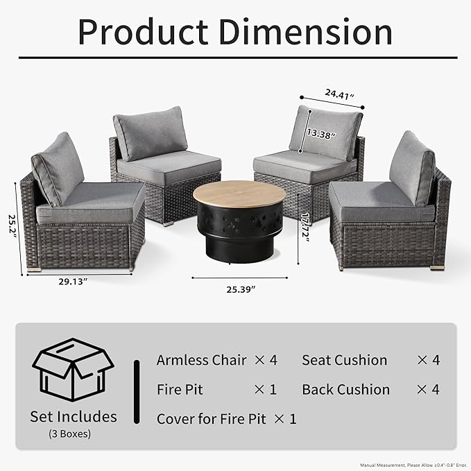 HOOOWOOO 5-Piece Outdoor Wicker Patio Furniture Set, All-Weather Rattan Chairs with Cushions and Fire Pit Table, Modern Garden Conversation Set for Patio, Porch, and Balcony (Dark Grey)