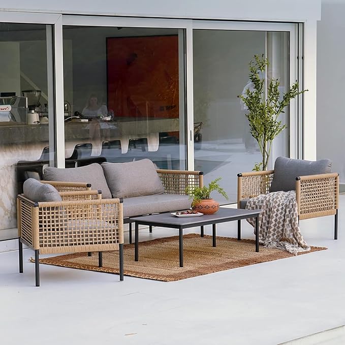 Grand patio 4-Piece Outdoor Conversation Set, Wicker Patio Furniture Set, Boho Patio Sofa Seating with Coffee Table for Garden, Backyard, Balcony, Gray
