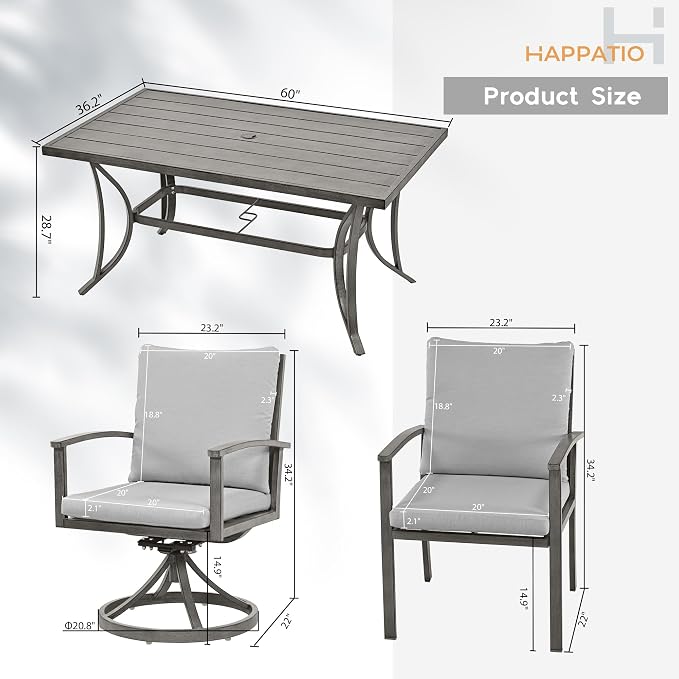 HAPPATIO 7-Piece Outdoor Dining Set - All Aluminum Patio Dining Set for 6 Includes 1 Rectangular Table, 4 Dining Chairs, and 2 Swivel Chairs with Cushions for Lawn, Garden