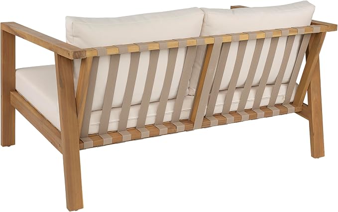 Christopher Knight Home Kayim Patio Loveseat Coffee Table Set with Woven Rope Backrest, Acacia Wood Outdoor Furniture Set, Outdoor Conversation Sofa Chat Set for Backyard Deck, Light Teak+Beige