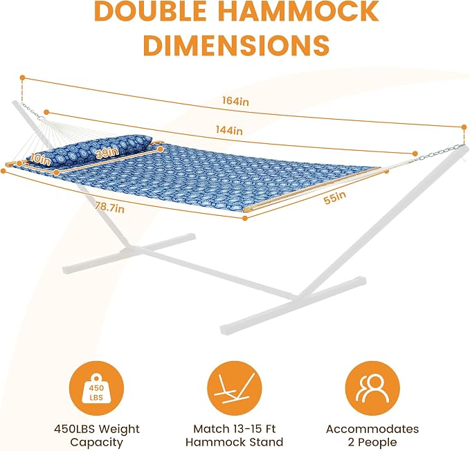 Lazy Daze Hammocks 12FT Quilted Fabric Hammock with Soft Pillow, Double 2 Person Tree Hammock with Spreader Bar for Outdoor Patio Backyard Poolside, 450lbs Weight Capacity, Blue Floral