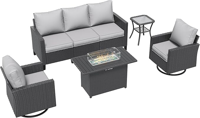 Amopatio Patio Furniture Set, 5-Piece Wicker Outdoor Sectional Sofa with Swivel Rocker Chairs, Rattan Conversation Set with Fire Pit Table and Waterproof Cover for Backyard Black/Light Grey