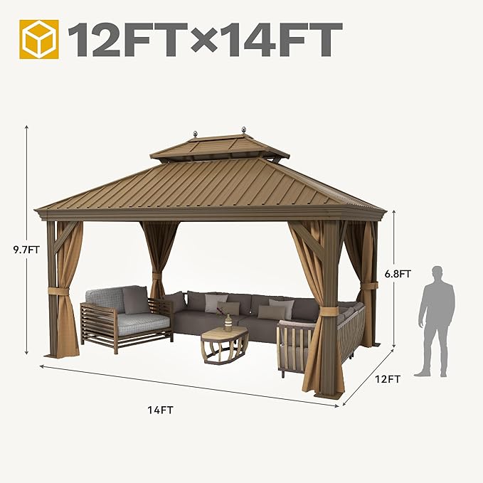 DWVO 12x14 ft Hardtop Gazebo Outdoor Heavy Duty Aluminum Gazebo with Nettings and Curtains, Combined of Horizontal and Vertical Stripes Roof for Patio, Backyard, Deck, Lawns and Balcony, Bronze