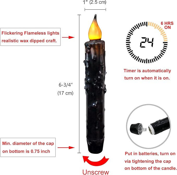 CVHOMEDECO. Real Wax Hand Dipped Battery Operated LED Timer Taper Candles Rustic Primitive Flameless Lights Décor, 6-3/4 Inch, Matt Black, 6 PCS in a Package