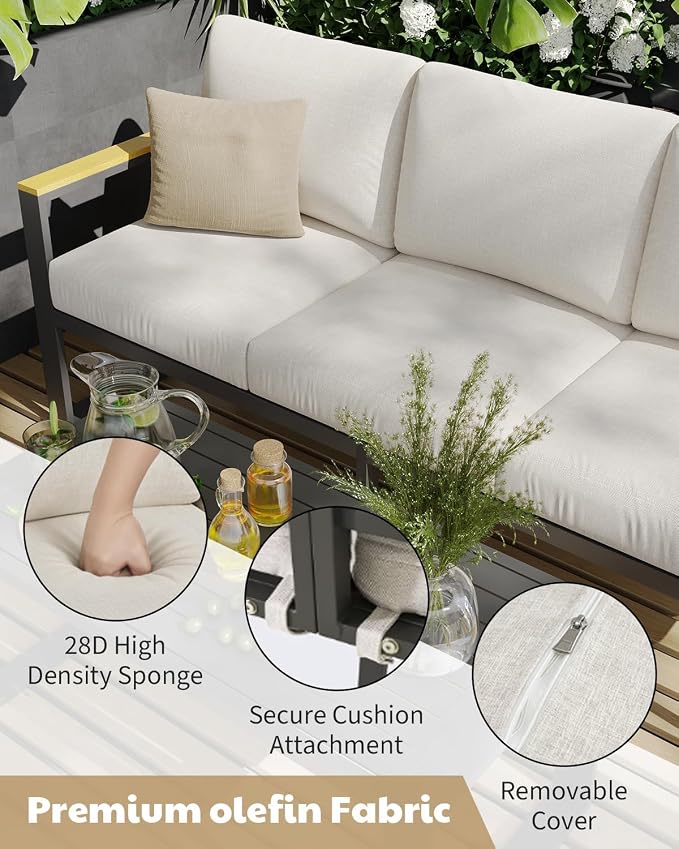 Modern Aluminum Patio Chair Set - All-Weather Metal Outdoor Furniture with Thick Washable Cushions - Includes Sofa and Coffee Table - Ideal for Balcony, Garden, Deck, Backyard - Beige