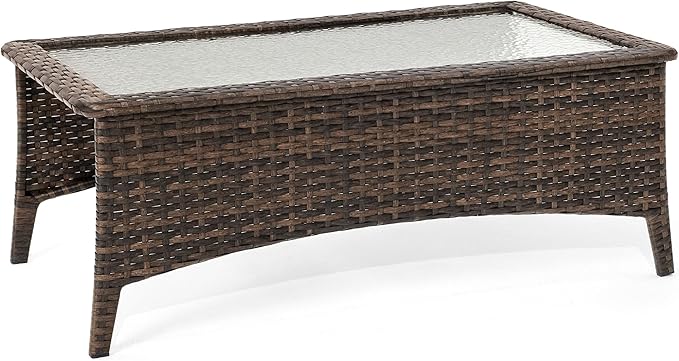 HILLGA Luxury Outdoor Coffee Table with Tempered Glass Top, Brown Wicker Patio Table, Ideal for Garden, Deck, and Yard