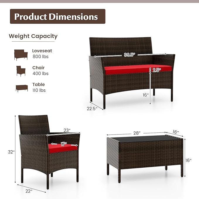 Tangkula 4 Piece Patio Rattan Conversation Set, Outdoor Wicker Furniture Set with Chair, Loveseat & Tempered Glass Table, Cozy Seat Cushions, Outside Sectional Sofa Set for Backyard, Porch (1, Red)