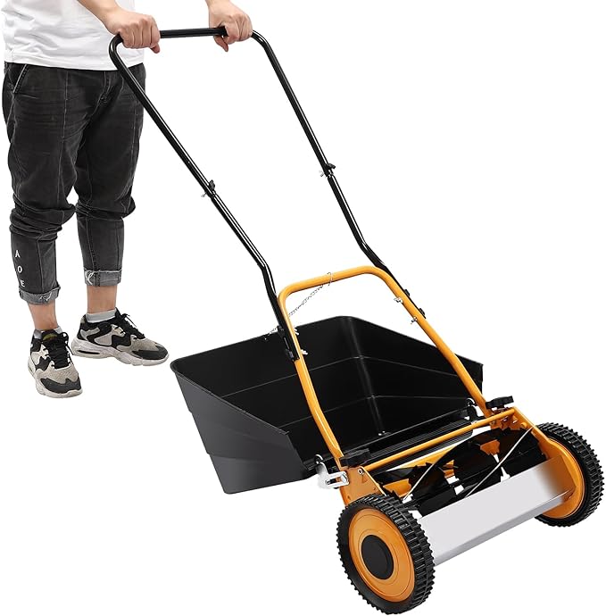 Reel Lawn Mower, 16-Inch Push Lawn Mower w/Grass Collecting Box, Manual Lawn Mower Adjustable Cutting Height Lawnmower, Walk-Behind Lawn Mowers