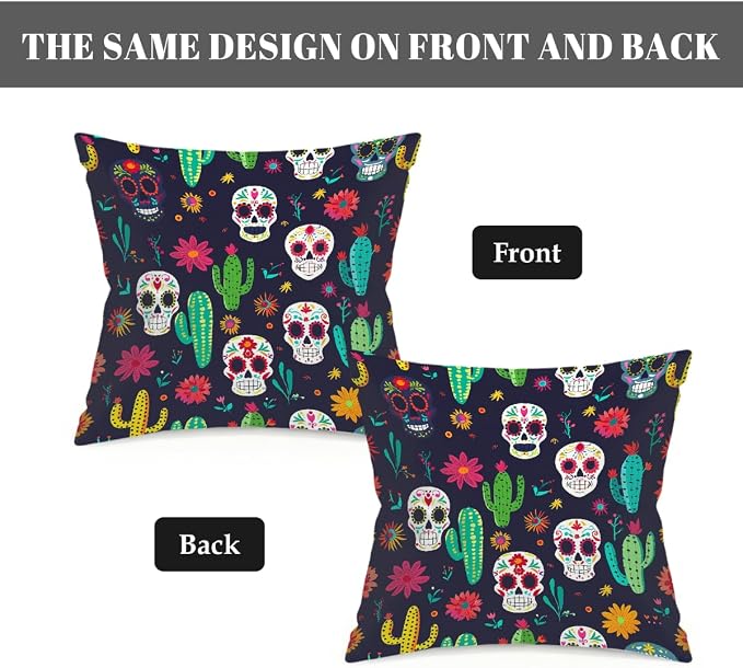 20x20 Inch Outdoor Pillow Covers Set of 2 Waterproof Throw Pillow Covers Decorative Couch Cushion Covers Mexican Skulls Cacti Flowers Square Pillowcases Protectors for Patio Garden Sofa