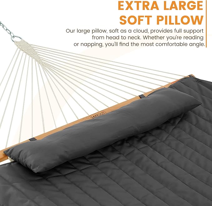 Lazy Daze Hammocks 2 Person Portable Hammock with 12FT Stand, Double Hand Woven Cotton Rope Hammock with Detachable Quilted Pad & Pillow for Outside, 450lb Capacity, Grey