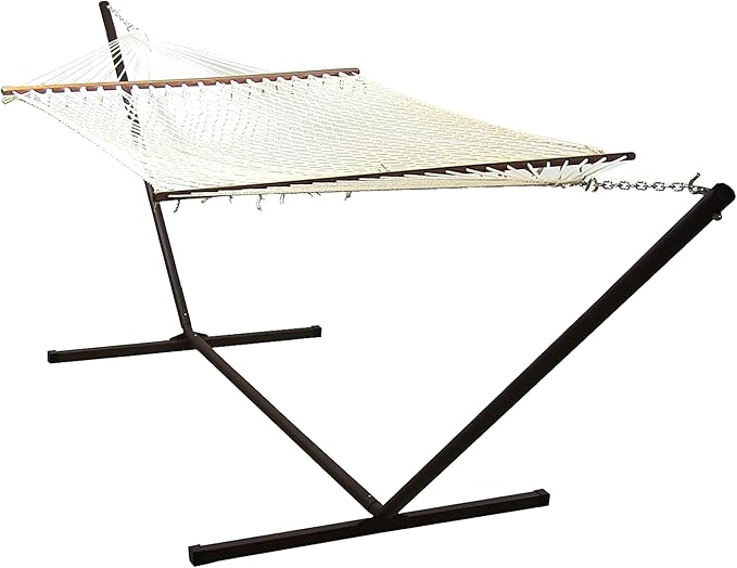 Sunnydaze Double Polyester and Cotton Rope Hammock with 15-Foot Steel Stand - 400-Pound Capacity - Black Stand - Cream