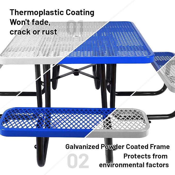 46" Thermoplastic Picnic Table with Umbrella Hole up to 1.5", Heavy Duty Commercial Picnic Table for Outdoor, Family & Party Ready for School Camping, Square, Blue