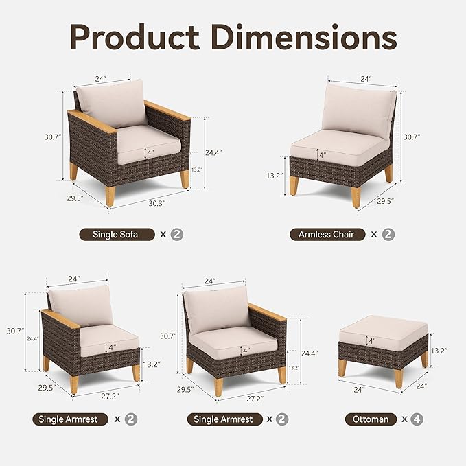 GREEN PARTY 12 Pieces Wicker Patio Furniture Set, All-Weather Outdoor Rattan Patio Sectional Sofa Conversation Set with 4" Thick Cushions for Garden, Backyard, 2 x Ottomans