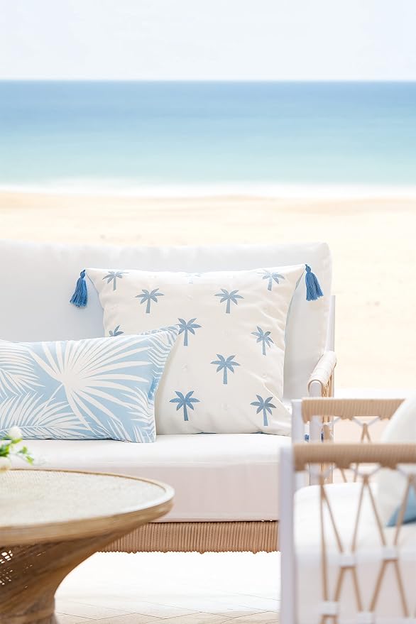 Hofdeco Premium Coastal Hampton Style Patio Indoor Outdoor Lumbar Pillow Cover Only, 12"x20" Water Resistant for Backyard, Couch, Baby Blue Palm Leaf
