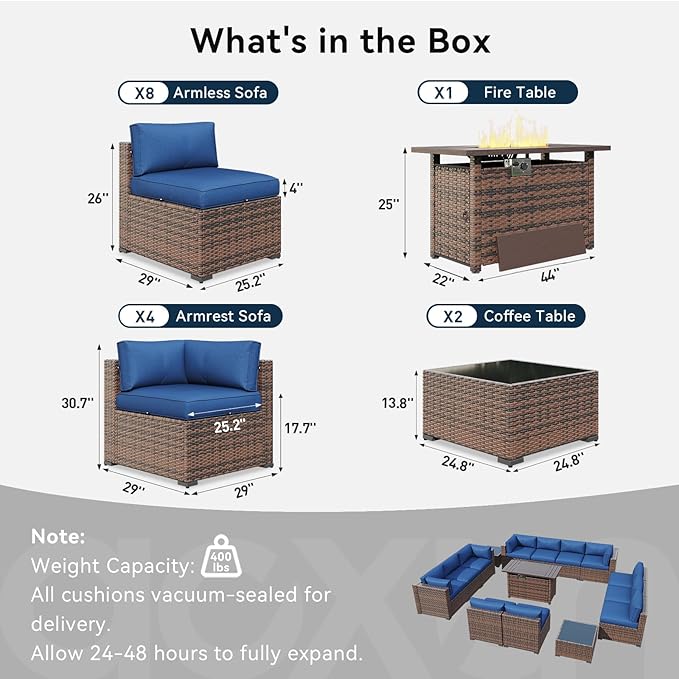 LazySunsets 15 Piece Outdoor Patio Furniture Set with 44'' Fire Pit Table, Outdoor Patio Furniture Set with Waterproof Cover, Wicker Rattan Outdoor Conversation Set for Backyard & Garden, Blue