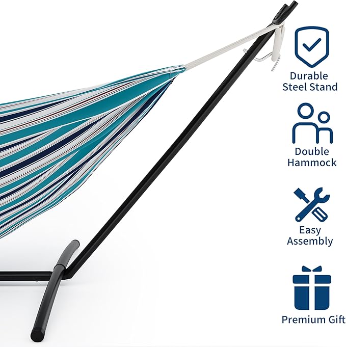 Double Hammock with Steel Stand, 450lbs Capacity Heavy Duty 2 Person Portable Cotton Hammocks for Backyard Patio Garden Camping, Carrying Bag Included, Brazilian Style