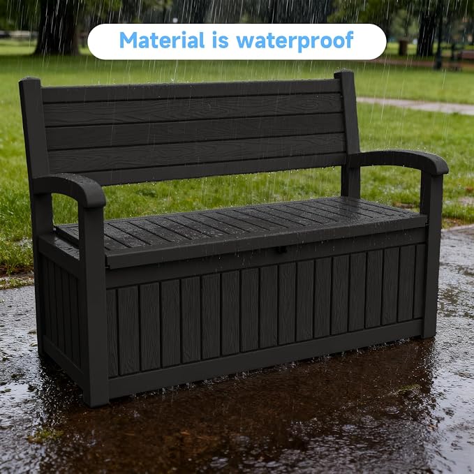 70 Gallon Outdoor Storage Bench， Waterproof and Lockable Outdoor Storage Box, Durable Resin Deck Box for Patio, Backyard, Garden, Porch(Black)