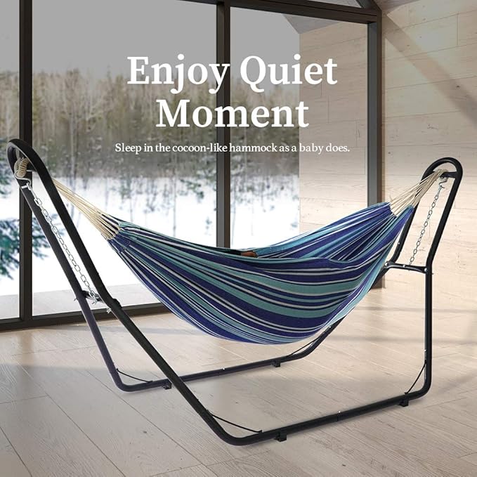 Zupapa Hammock with Stand 2 Person, Upgraded Steel Hammock Frame and Polycotton Hammock, 550LBS Capacity for Indoor Outdoor Use Blue White Stripes