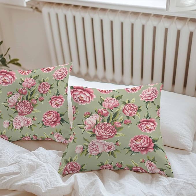 Vandarllin Outdoor Throw Pillows Covers 24x24 inch Set of 2 Waterproof Pink Rose Floral Decorative Zippered Cushion Covers for Patio Furniture, Sage Green Leaves Flowers Lumbar Pillowcases