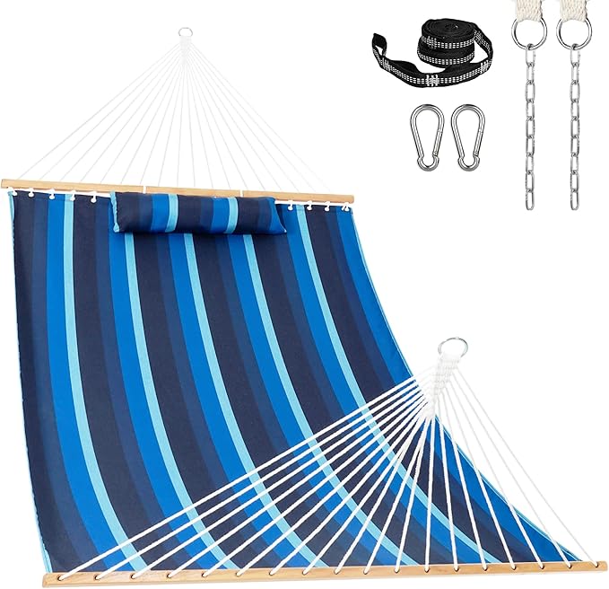 Lazy Daze Hammocks 12 FT Sunbrella Fabric Hammock not Fading with Spreader Bars and Free Pillow Fits for 2 Persons, All Weather and Fade Resistant for Patio Yard, 450 lbs Capacity, Gateway Indigo