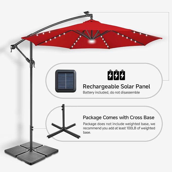 Solar Offset Patio Umbrella - 10 FT Solar Cantilever Umbrella Outdoor with 40 LED Lights and Cross Base, UV Protection for Garden, Deck, Backyard, Pool, Porch, Red