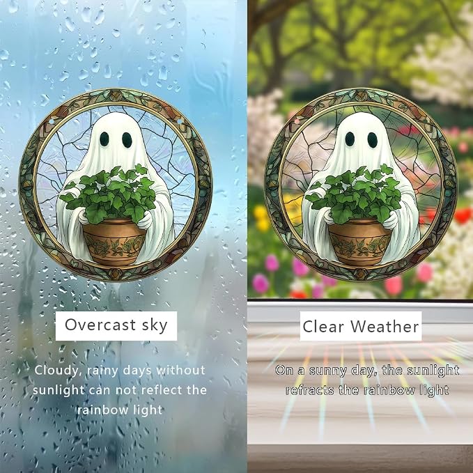 Acrylic Halloween Sun Catcher - 7.87 Inch Round Suncatcher for Window Hanging Decoration - Creates Indoor Rainbows Light Refraction - Spooky Ghost, Witch, Pumpkin Design