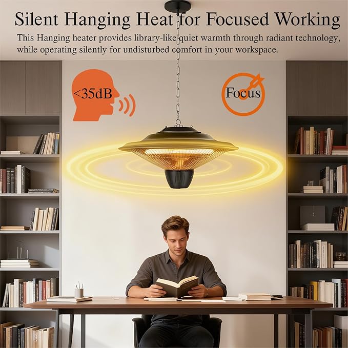 Hanging Infrared Electric Heater, 1500W Ceiling Mounted Heater Outdoor Indoor, IP34 Waterproof & Quiet Fanless, Tip-over/Overheat Protection for Patio, Garage, Gazebo, Home Use