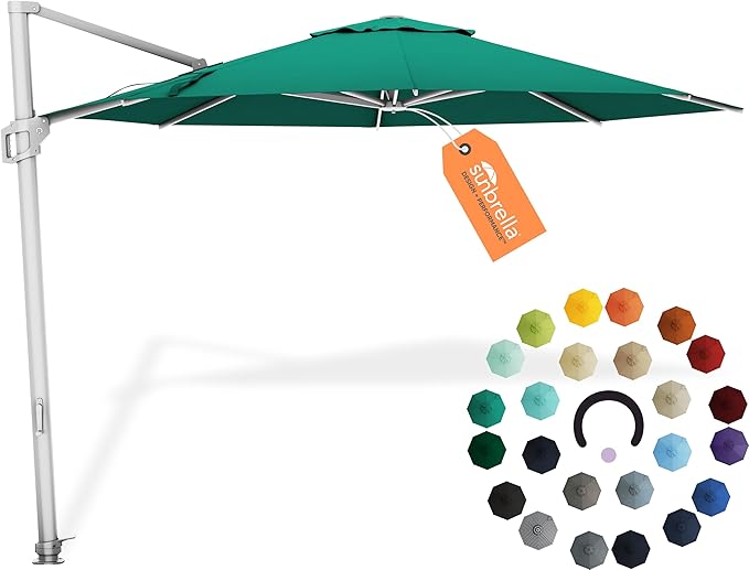 Midtown Umbrellas 10 Ft Outdoor Cantilever Patio Umbrella w/Sunbrella Canvas Teal Fabric - 360° Rotate Offset Patio Umbrella, Deck Patio Umbrella, Backyard Umbrella & Garden Umbrella - Silver Frame